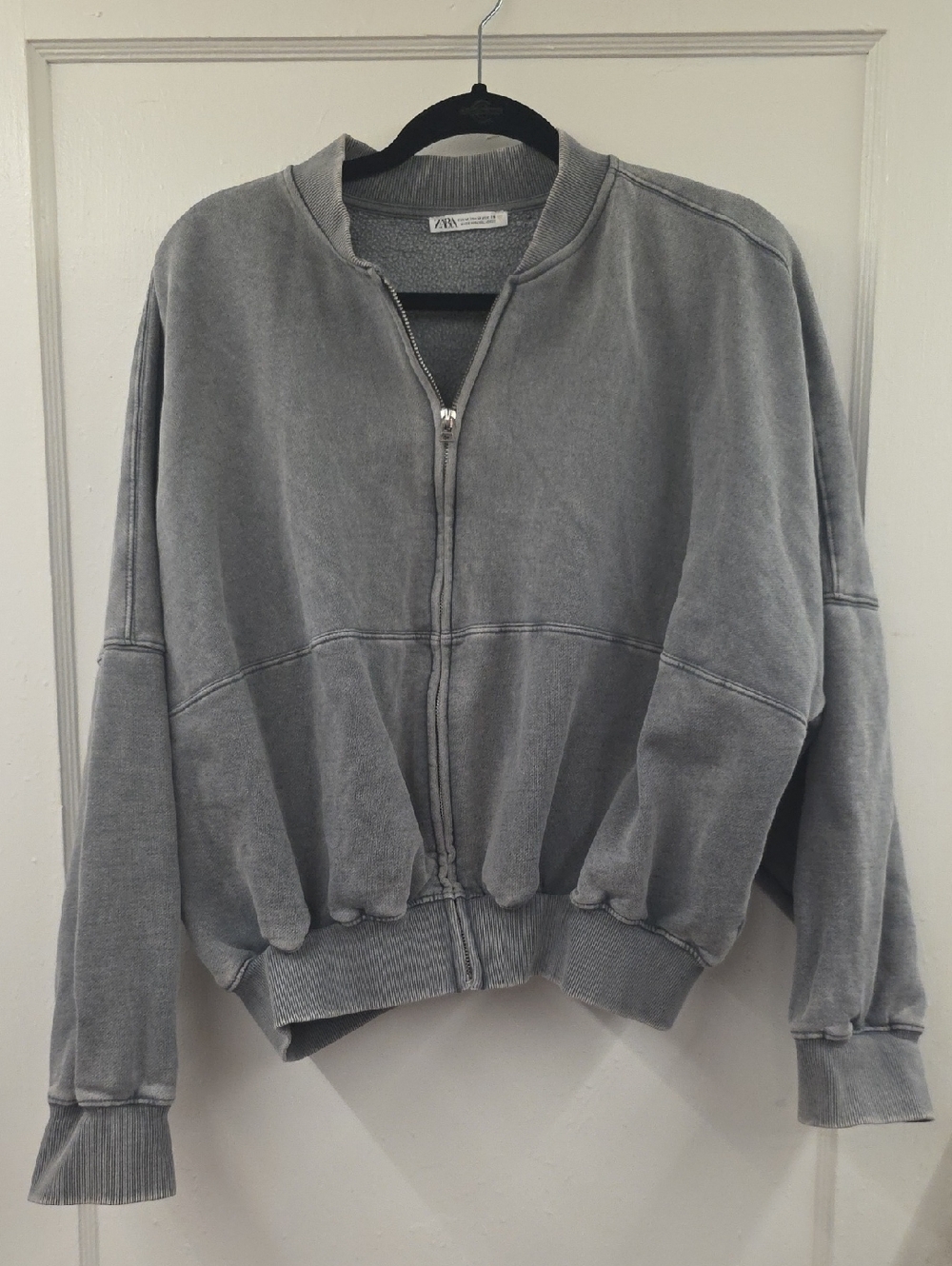 Zara Vintage Effect Gray Cropped Zip Bomber Jacket Medium